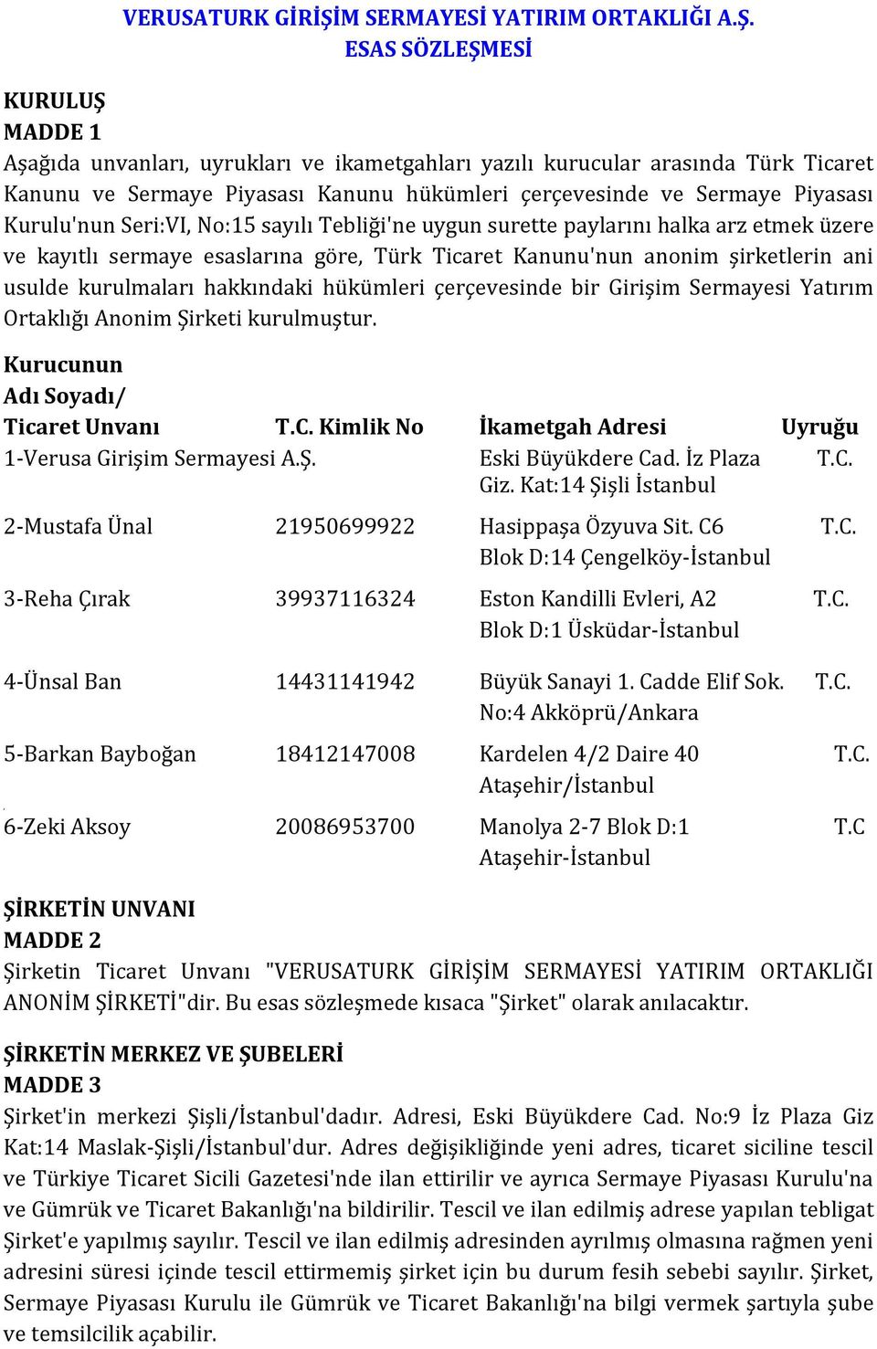 ESAS SÖZLEŞMESİ KURULUŞ MADDE 1 Aşağıda unvanları, uyrukları ve ikametgahları yazılı kurucular arasında Türk Ticaret Kanunu ve Sermaye Piyasası Kanunu hükümleri çerçevesinde ve Sermaye Piyasası