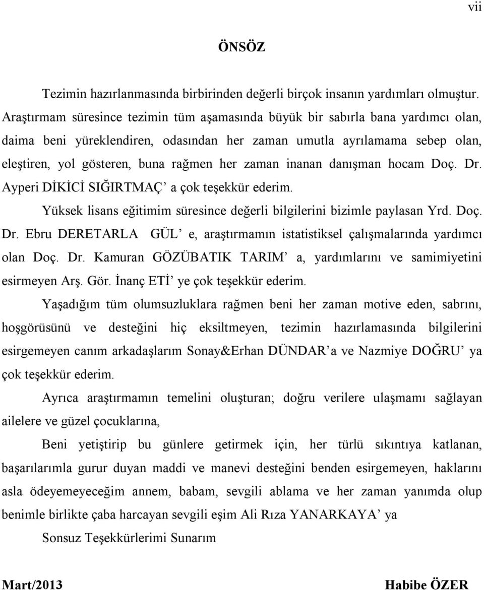 zaman inanan danışman hocam Doç. Dr. Ayperi DİKİCİ SIĞIRTMAÇ a çok teşekkür ederim. Yüksek lisans eğitimim süresince değerli bilgilerini bizimle paylasan Yrd. Doç. Dr. Ebru DERETARLA GÜL e, araştırmamın istatistiksel çalışmalarında yardımcı olan Doç.