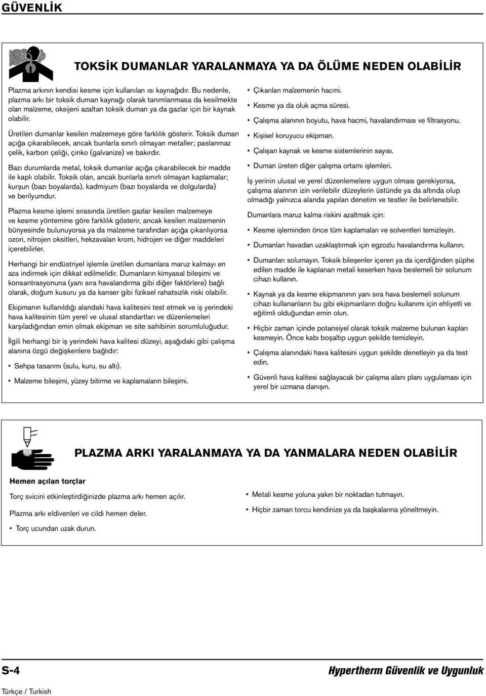 Üretilen dumanlar kesilen malzemeye göre farklılık gösterir. Toksik duman açığa çıkarabilecek, ancak bunlarla sınırlı olmayan metaller; paslanmaz çelik, karbon çeliği, çinko (galvanize) ve bakırdır.