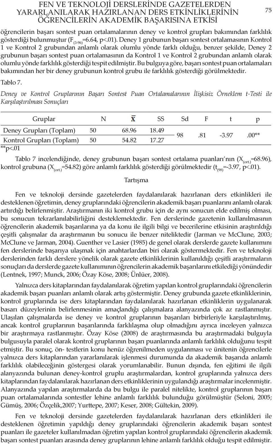 Deney 1 grubunun başarı sontest ortalamasının Kontrol 1 ve Kontrol 2 grubundan anlamlı olarak olumlu yönde farklı olduğu, benzer şekilde, Deney 2 grubunun başarı sontest puan ortalamasının da Kontrol