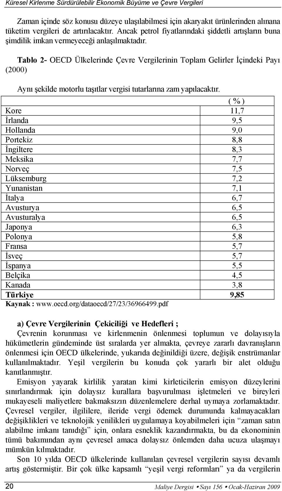 Tablo 2- OECD Ülkelerinde Çevre Vergilerinin Toplam Gelirler İçindeki Payı (2000) Aynı şekilde motorlu taşıtlar vergisi tutarlarına zam yapılacaktır.