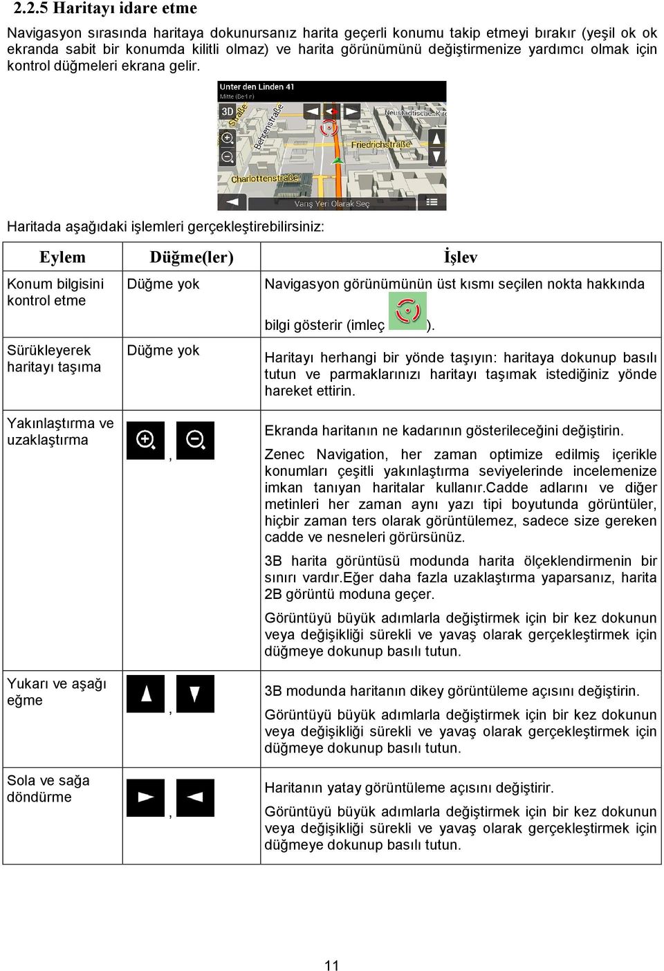 Haritada aşağıdaki işlemleri gerçekleştirebilirsiniz: Eylem Düğme(ler) İşlev Konum bilgisini kontrol etme Sürükleyerek haritayı taşıma Düğme yok Düğme yok Navigasyon görünümünün üst kısmı seçilen