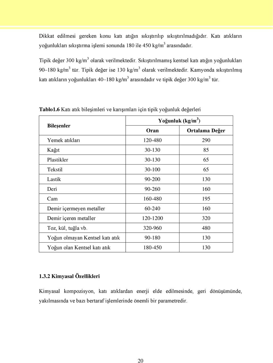 Kamyonda sıkıģtırılmıģ katı atıkların yoğunlukları 40 180 kg/m 3 arasındadır ve tipik değer 300 kg/m 3 tür. Tablo1.