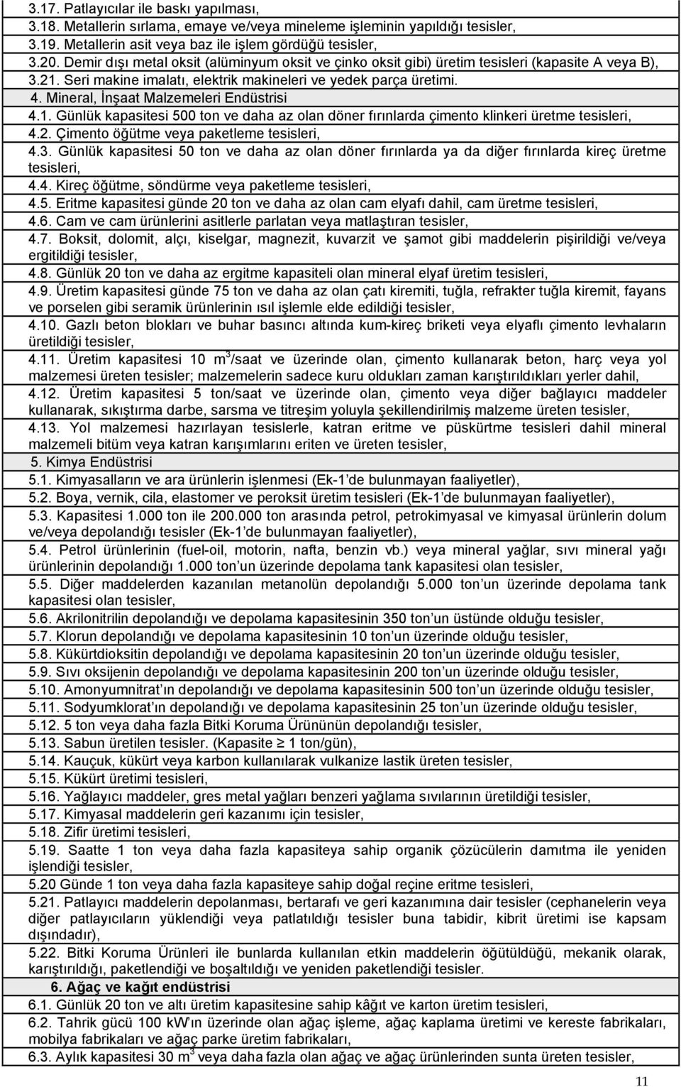 Mineral, İnşaat Malzemeleri Endüstrisi 4.1. Günlük kapasitesi 500 ton ve daha az olan döner fırınlarda çimento klinkeri üretme tesisleri, 4.2. Çimento öğütme veya paketleme tesisleri, 4.3.
