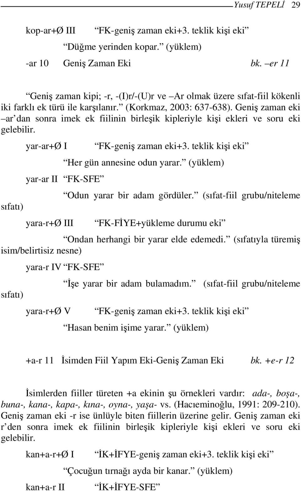 (yüklem) yar-ar II FK-SFE yara-r+ø III Odun yarar bir adam gördüler. (sıfat-fiil grubu/niteleme FK-FİYE+yükleme durumu eki Ondan herhangi bir yarar elde edemedi.