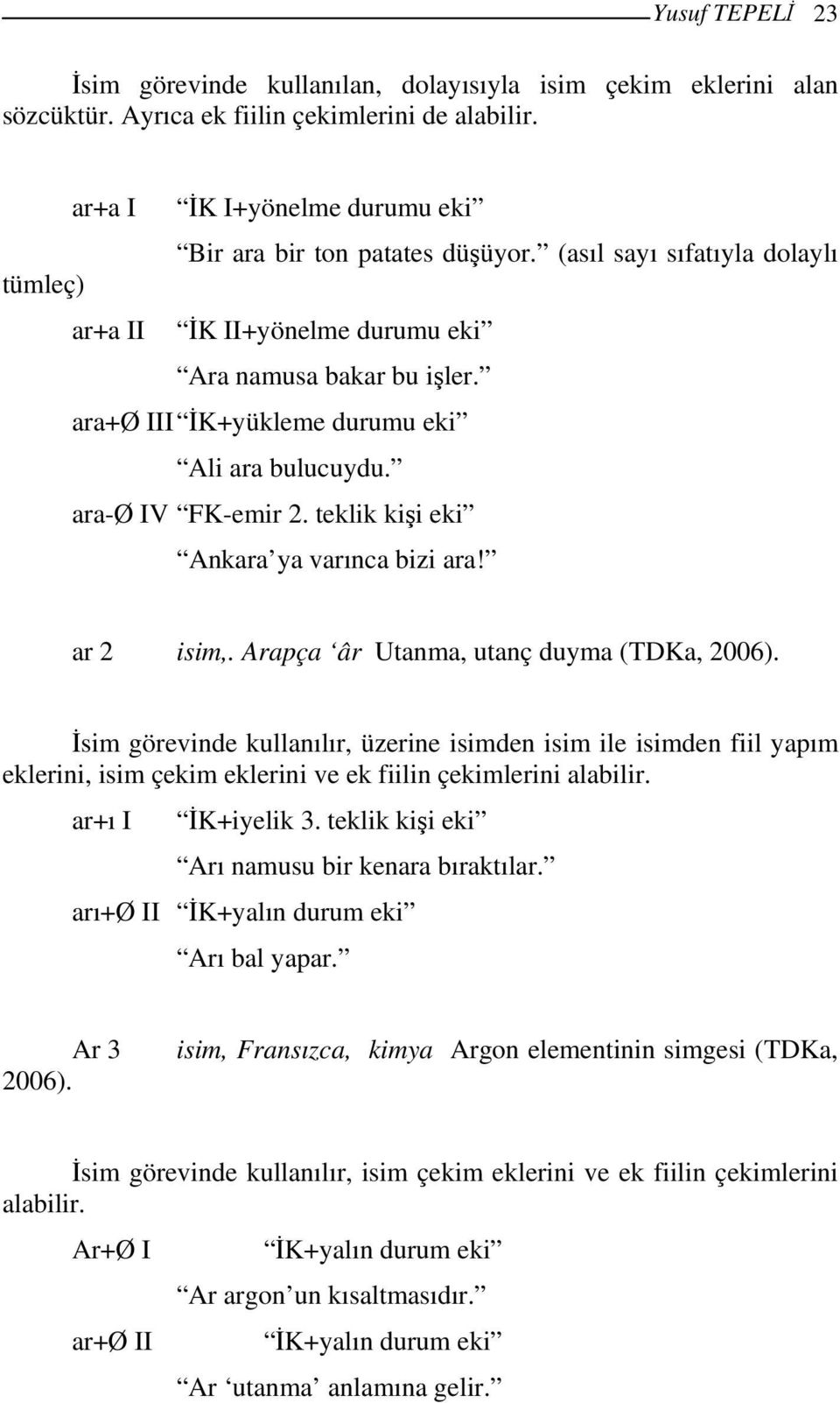 teklik kişi eki Ankara ya varınca bizi ara! ar 2 isim,. Arapça âr Utanma, utanç duyma (TDKa, 2006).