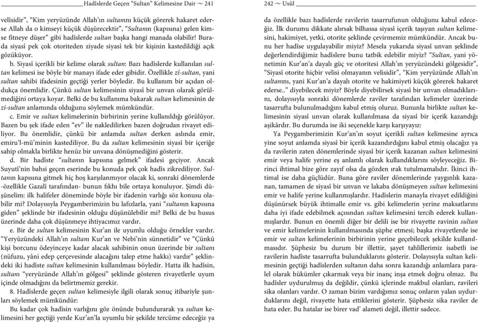 Özellikle zî-sultan, yani sultan sahibi ifadesinin geçtiği yerler böyledir. Bu kullanım bir açıdan oldukça önemlidir. Çünkü sultan kelimesinin siyasî bir unvan olarak görülmediğini ortaya koyar.