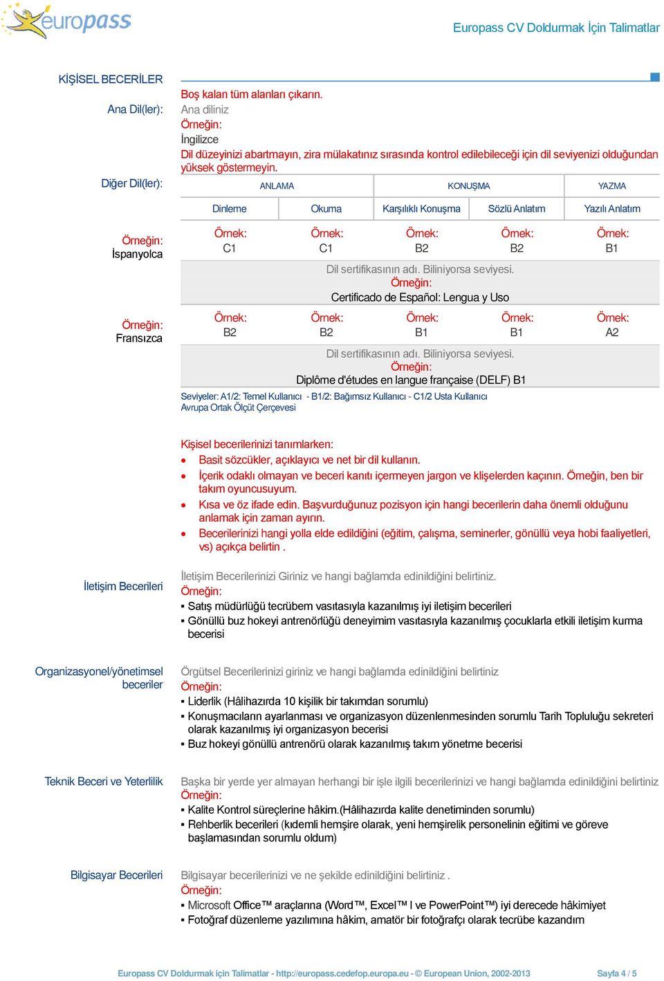 Diğer Dil(ler): ANLAMA KONUŞMA YAZMA Dinleme Okuma Karşılıklı Konuşma Sözlü Anlatım Yazılı Anlatım İspanyolca Fransızca C1 C1 Dil sertifikasının adı. Biliniyorsa seviyesi.