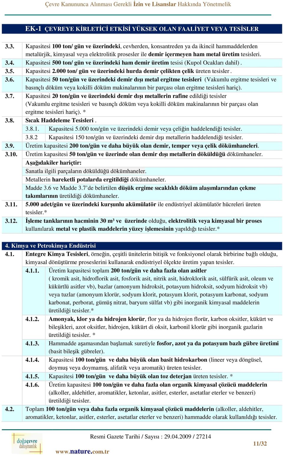 Kapasitesi 500 ton/ gün ve üzerindeki ham demir üretim tesisi (Kupol Ocakları dahil). 3.5. Kapasitesi 2.000 ton/ gün ve üzerindeki hurda demir çelikten çelik üreten tesisler. 3.6.