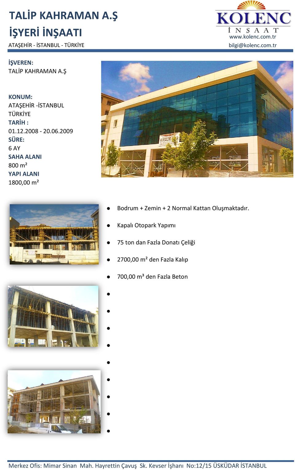 2009 6 AY 800 m² 1800,00 m² Bodrum + Zemin + 2 Normal Kattan