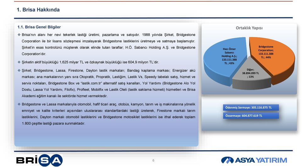 Şirket in esas kontrolünü müşterek olarak elinde tutan taraflar; H.Ö. Sabancı Holding A.Ş. ve Bridgestone Corporation dır.