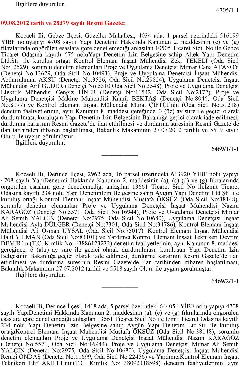 maddesinin (c) ve (g) fıkralarında öngörülen esaslara göre denetlemediği anlaşılan 10505 Ticaret Sicil No ile Gebze Ticaret Odasına kayıtlı 675 noluyapı Denetim İzin Belgesine sahip Altek Yapı