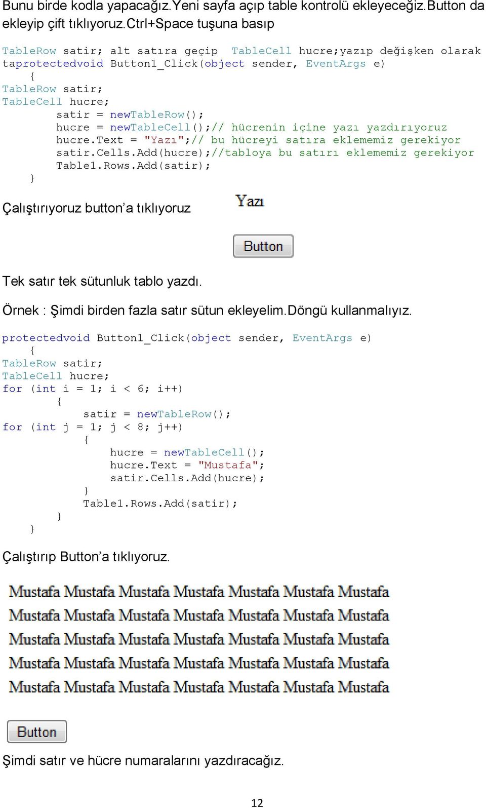 newtablerow(); hucre = newtablecell();// hücrenin içine yazı yazdırıyoruz hucre.text = "Yazı";// bu hücreyi satıra eklememiz gerekiyor satir.cells.