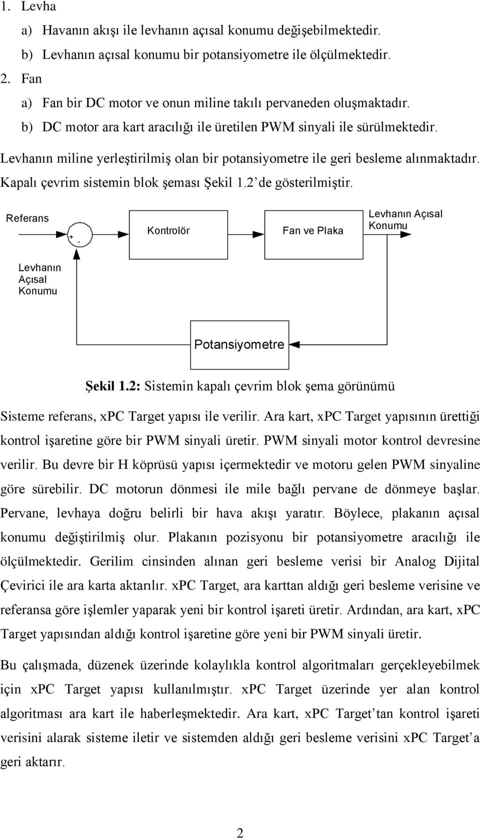 Levhanın miline yerleştirilmiş olan bir potansiyometre ile geri besleme alınmaktadır. Kapalı çevrim sistemin blok şeması Şekil 1.2 de gösterilmiştir.