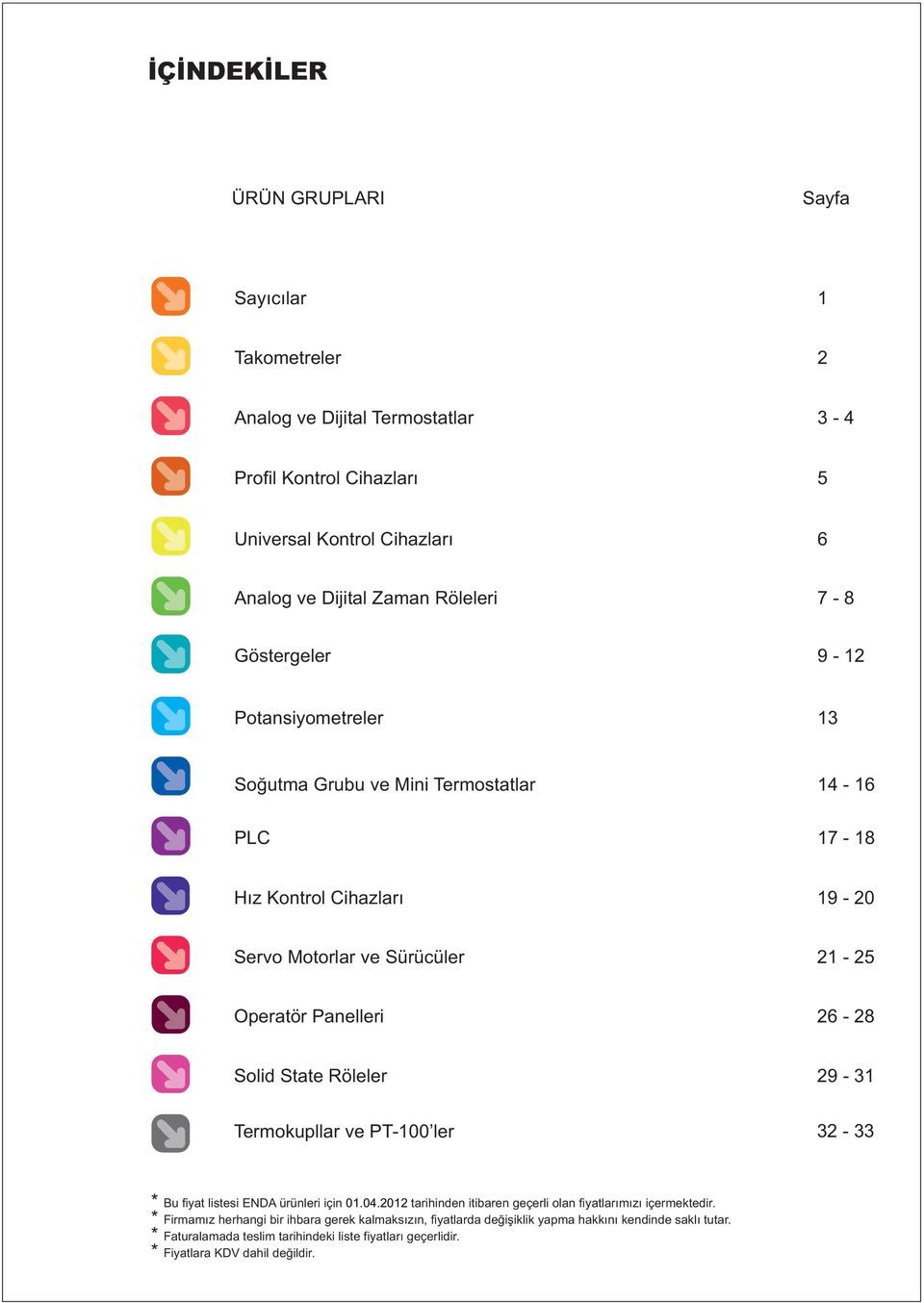 Solid State Röleler 29 31 Termokupllar ve PT ler 32 33 * Bu fiyat listesi ENDA ürünleri için 01.04.2012 tarihinden itibaren geçerli olan fiyatlarýmýzý içermektedir.