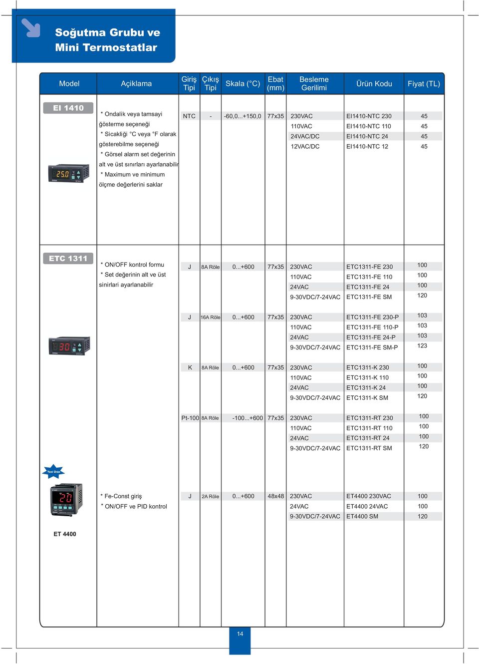 ..+1,0 /DC 12VAC/DC EI1410NTC 230 EI1410NTC 110 EI1410NTC 24 EI1410NTC 12 4 4 4 4 alt ve üst sýnýrlarý ayarlanabilir * Maximum ve minimum ölçme deðerlerini saklar ETC 1311 * ON/OFF kontrol formu *