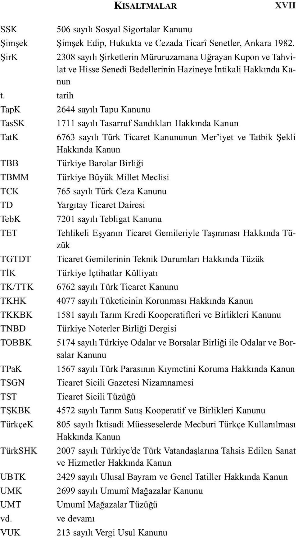 tarih TapK 2644 sayılı Tapu Kanunu TasSK 1711 sayılı Tasarruf Sandıkları Hakkında Kanun TatK 6763 sayılı Türk Ticaret Kanununun Mer iyet ve Tatbik Şekli Hakkında Kanun TBB Türkiye Barolar Birliği