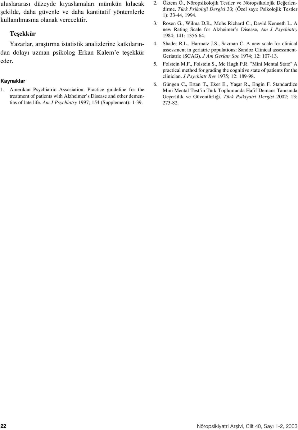 Practice guideline for the treatment of patients with Alzheimer s Disease and other dementias of late life. Am J Psychiatry 1997; 4 (Supplement): 1-39. 2. Öktem Ö.