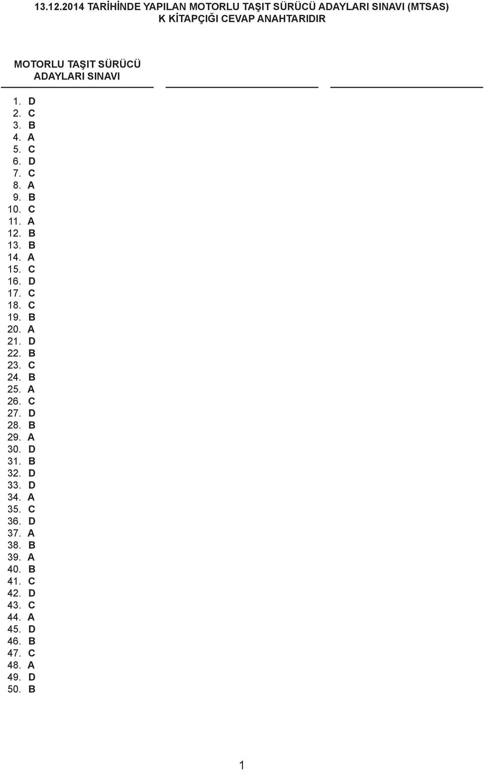 TAŞIT SÜRÜCÜ ADAYLARI SINAVI 1. D 2. C 3. B 4. A 5. C 6. D 7. C 8. A 9. B 10. C 11. A 12. B 13. B 14. A 15.