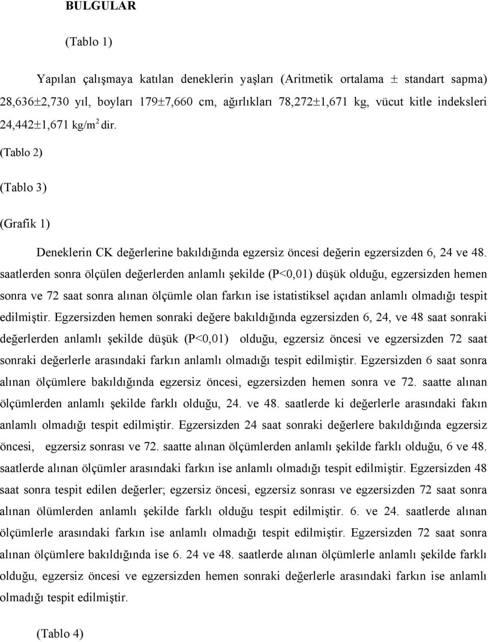 saatlerden sonra ölçülen değerlerden anlamlı şekilde (P<0,01) düşük olduğu, egzersizden hemen sonra ve 72 saat sonra alınan ölçümle olan farkın ise istatistiksel açıdan anlamlı olmadığı tespit