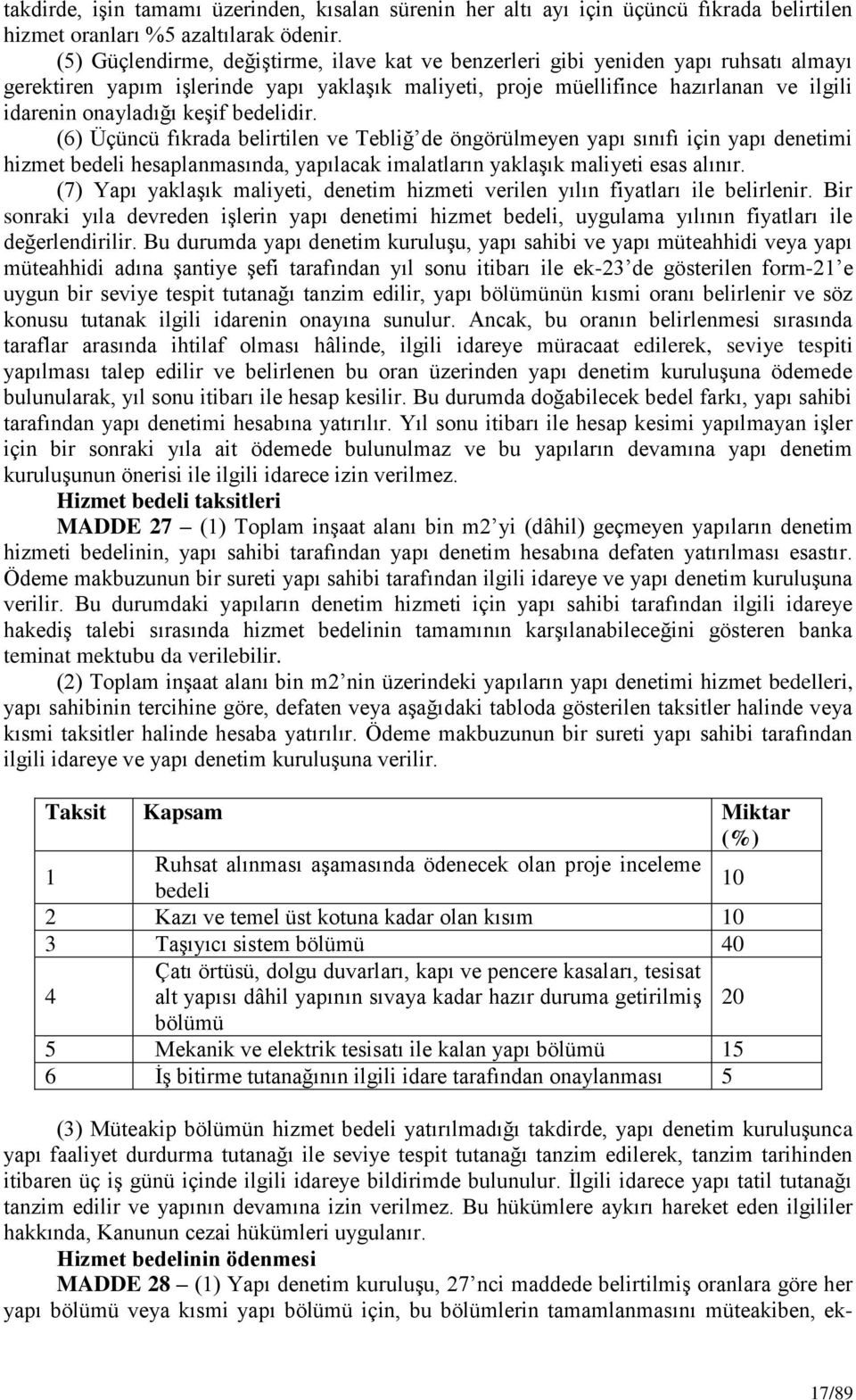 keģif bedelidir. (6) Üçüncü fıkrada belirtilen ve Tebliğ de öngörülmeyen yapı sınıfı için yapı denetimi hizmet bedeli hesaplanmasında, yapılacak imalatların yaklaģık maliyeti esas alınır.