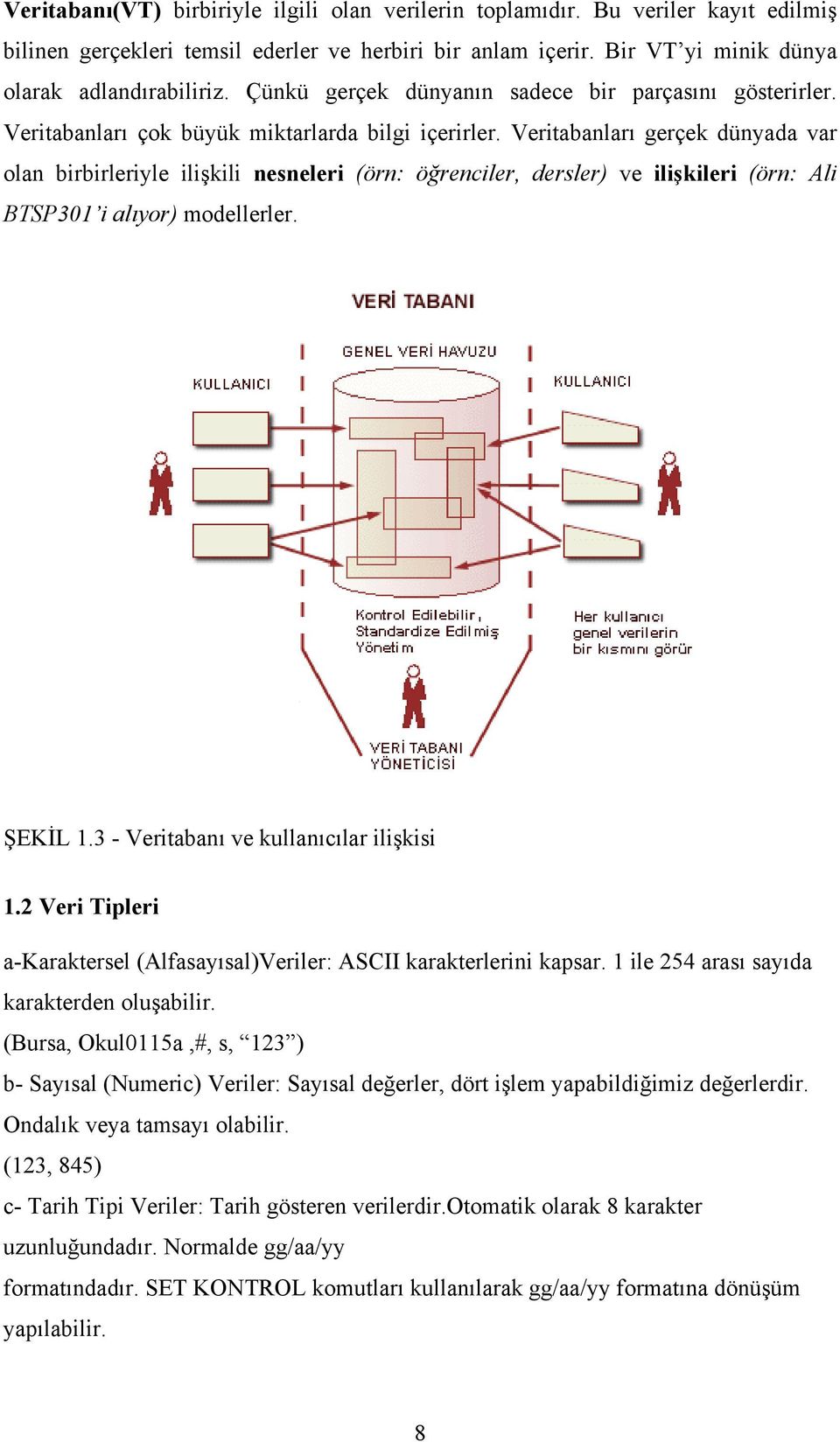 Veritabanları gerçek dünyada var olan birbirleriyle ilişkili nesneleri (örn: öğrenciler, dersler) ve ilişkileri (örn: Ali BTSP301 i alıyor) modellerler. ŞEKİL 1.