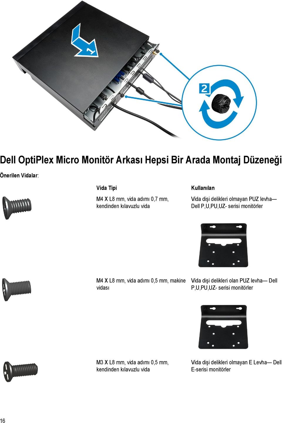 monitörler M4 X L8 mm, vida adımı 0,5 mm, makine vidası Vida dişi delikleri olan PUZ levha Dell P,U,PU,UZ- serisi