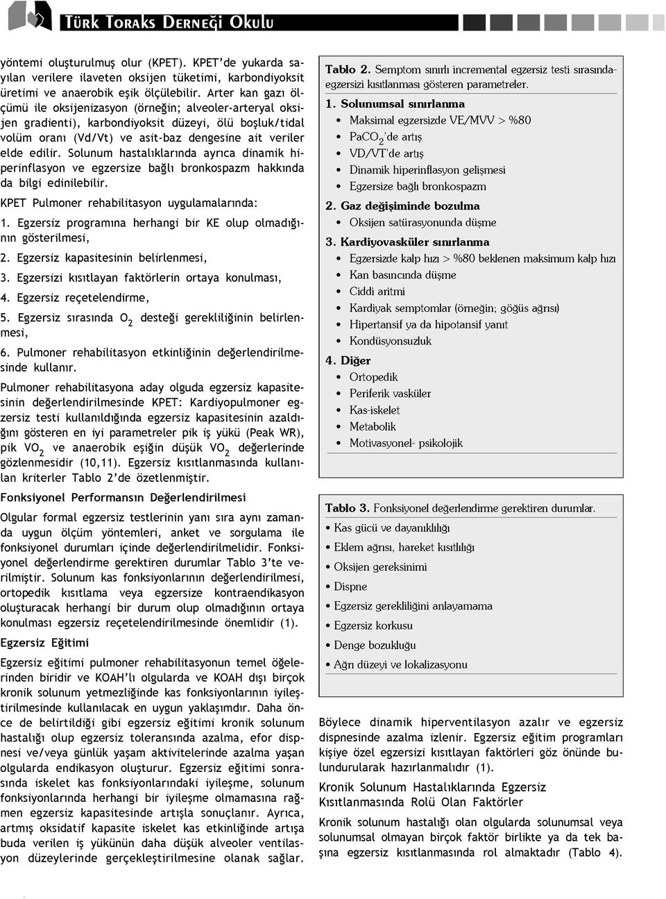 Solunum hastal klar nda ayr ca dinamik hiperinflasyon ve egzersize ba l bronkospazm hakk nda da bilgi edinilebilir. KPET Pulmoner rehabilitasyon uygulamalar nda: 1.