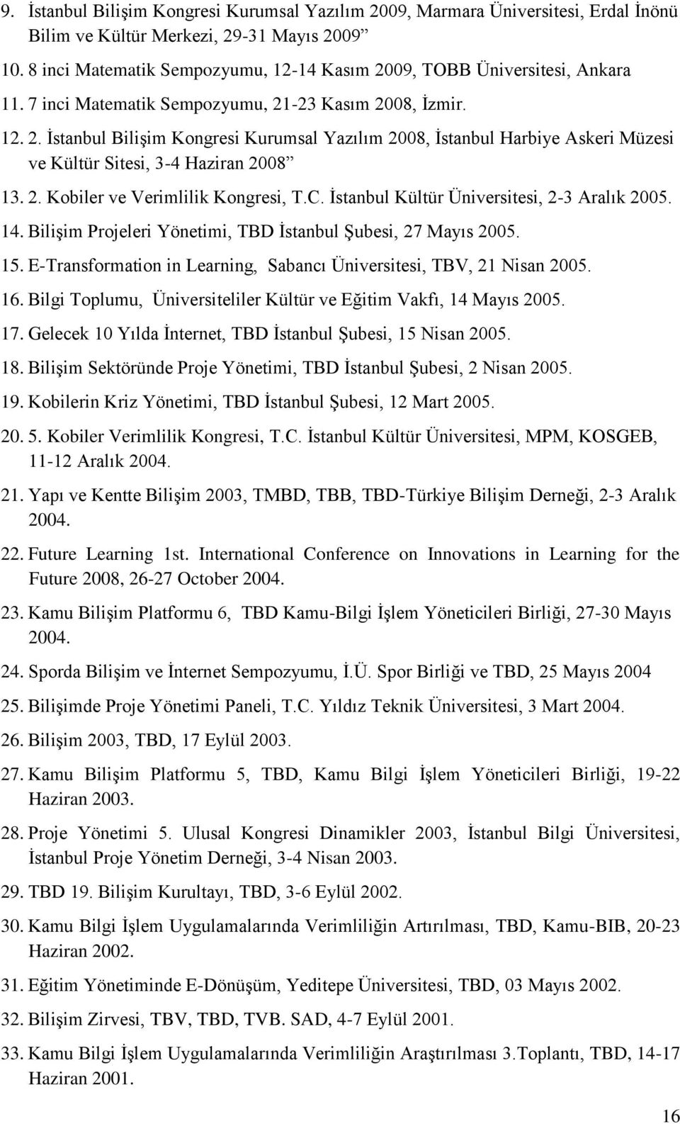 2. Kobiler ve Verimlilik Kongresi, T.C. İstanbul Kültür Üniversitesi, 2-3 Aralık 2005. 14. Bilişim Projeleri Yönetimi, TBD İstanbul Şubesi, 27 Mayıs 2005. 15.