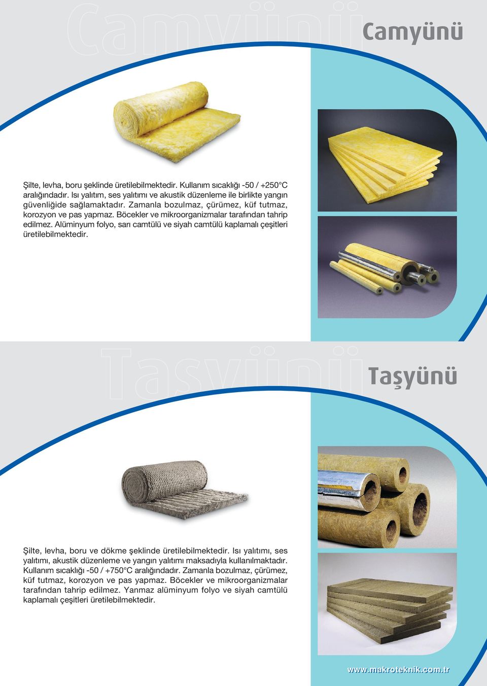 Alüminyum folyo, sar camtülü ve siyah camtülü kaplamal çeflitleri üretilebilmektedir. Taflyünü Taflyünü fiilte, levha, boru ve dökme fleklinde üretilebilmektedir.