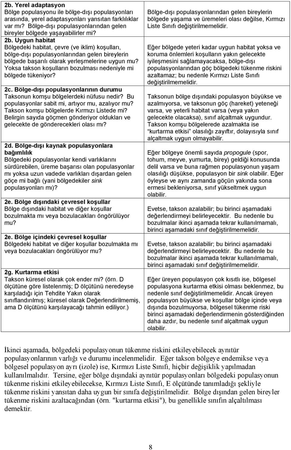 Uygun habitat Bölgedeki habitat, çevre (ve iklim) koşulları, bölge-dışı populasyonlarından gelen bireylerin bölgede başarılı olarak yerleşmelerine uygun mu?