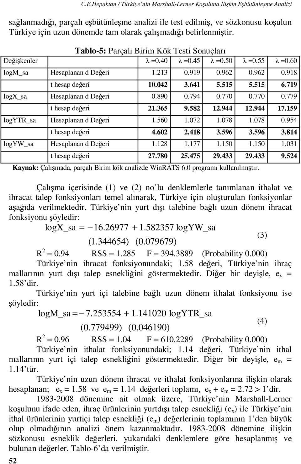 çalışmadığı belirlenmişir. Tablo-5: Parçalı Birim Kök Tesi Sonuçları Değişkenler λ =0.40 λ =0.45 λ =0.50 λ =0.55 λ =0.60 logm_sa Hesaplanan d Değeri 1.213 0.919 0.962 0.962 0.918 hesap değeri 10.