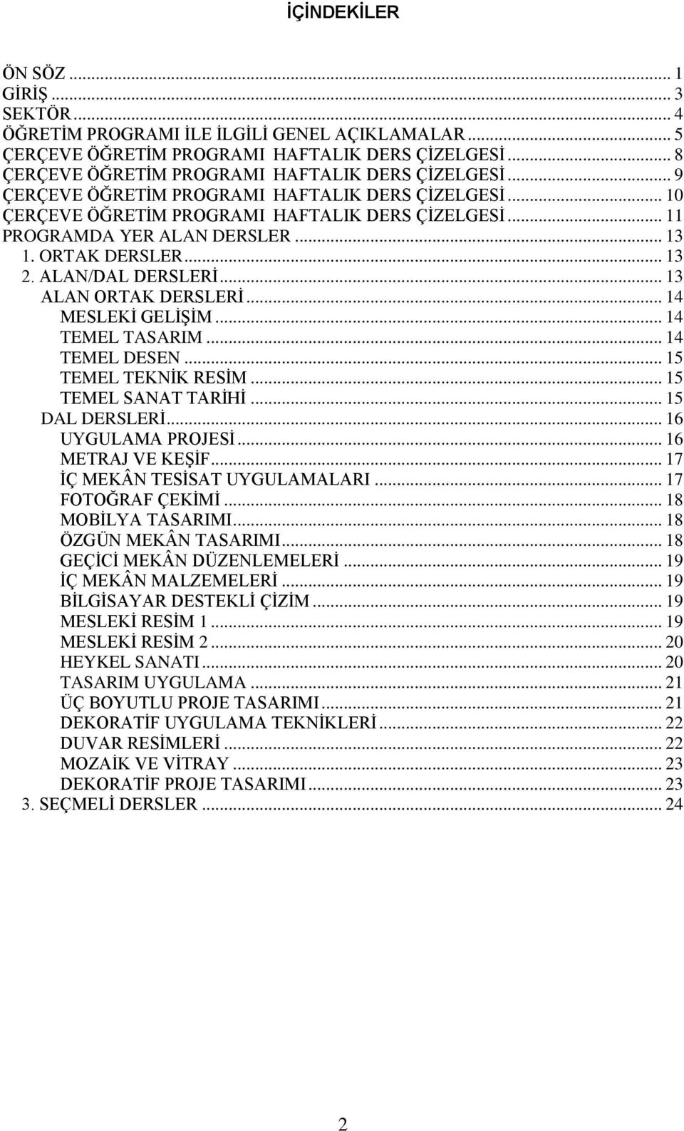 .. 13 ALAN ORTAK DERSLERİ... 14 MESLEKİ GELİŞİM... 14 TEMEL TASARIM... 14 TEMEL DESEN... 15 TEMEL TEKNİK RESİM... 15 TEMEL SANAT TARİHİ... 15 DAL DERSLERİ... 16 UYGULAMA PROJESİ... 16 METRAJ VE KEŞİF.