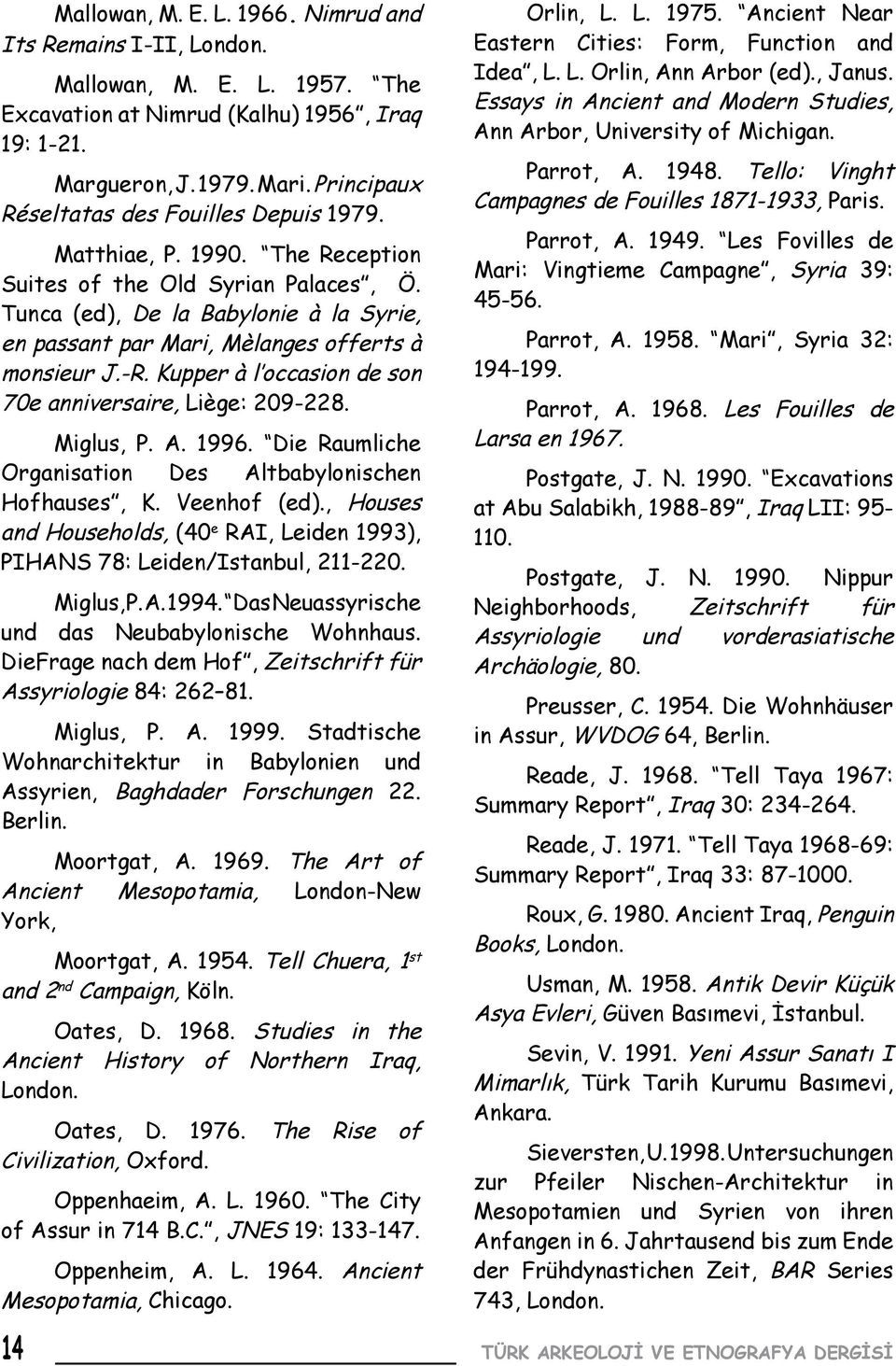 Tunca (ed), De la Babylonie à la Syrie, en passant par Mari, Mèlanges offerts à monsieur J.-R. Kupper à l occasion de son 70e anniversaire, Liège: 209-228. Miglus, P. A. 1996.