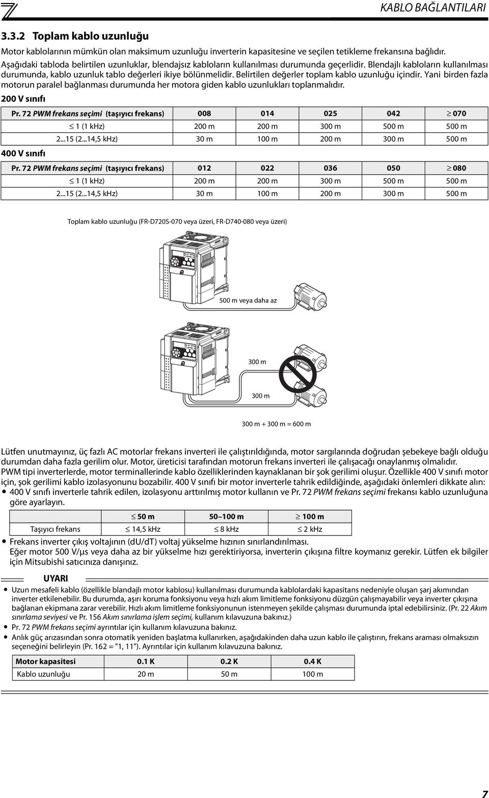 Belirtilen değerler toplam kablo uzunluğu içindir. Yani birden fazla motorun paralel bağlanması durumunda her motora giden kablo uzunlukları toplanmalıdır. 200 V sınıfı Pr.