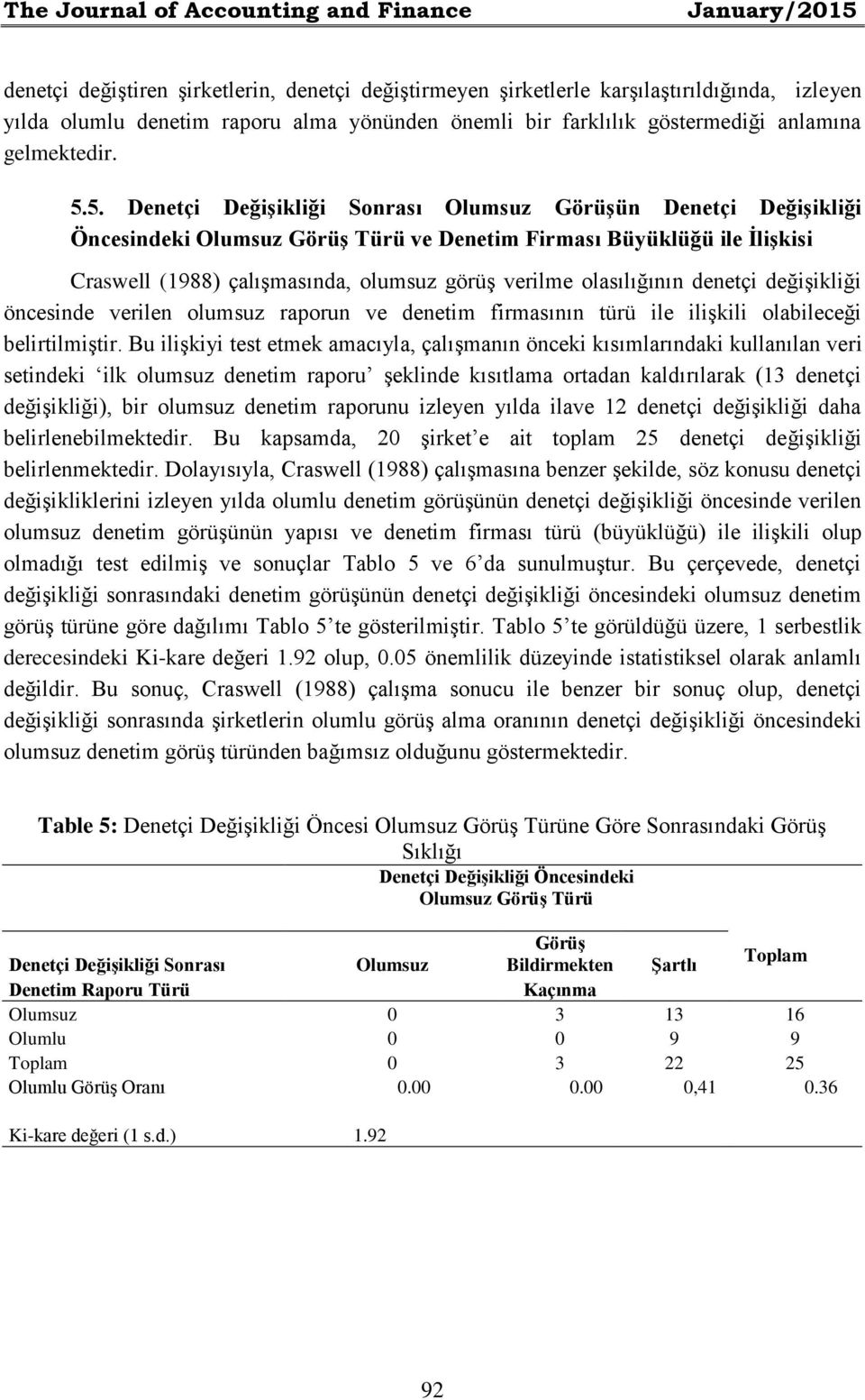 5. Denetçi Değişikliği Sonrası Olumsuz Görüşün Denetçi Değişikliği Öncesindeki Olumsuz Görüş Türü ve Denetim Firması Büyüklüğü ile İlişkisi Craswell (1988) çalışmasında, olumsuz görüş verilme