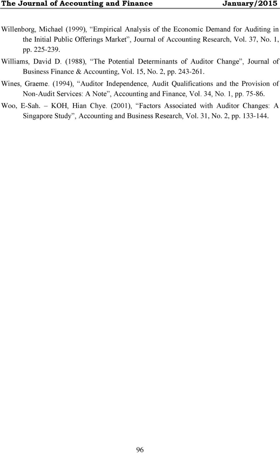 (1988), The Potential Determinants of Auditor Change, Journal of Business Finance & Accounting, Vol. 15, No. 2, pp. 243-261. Wines, Graeme.