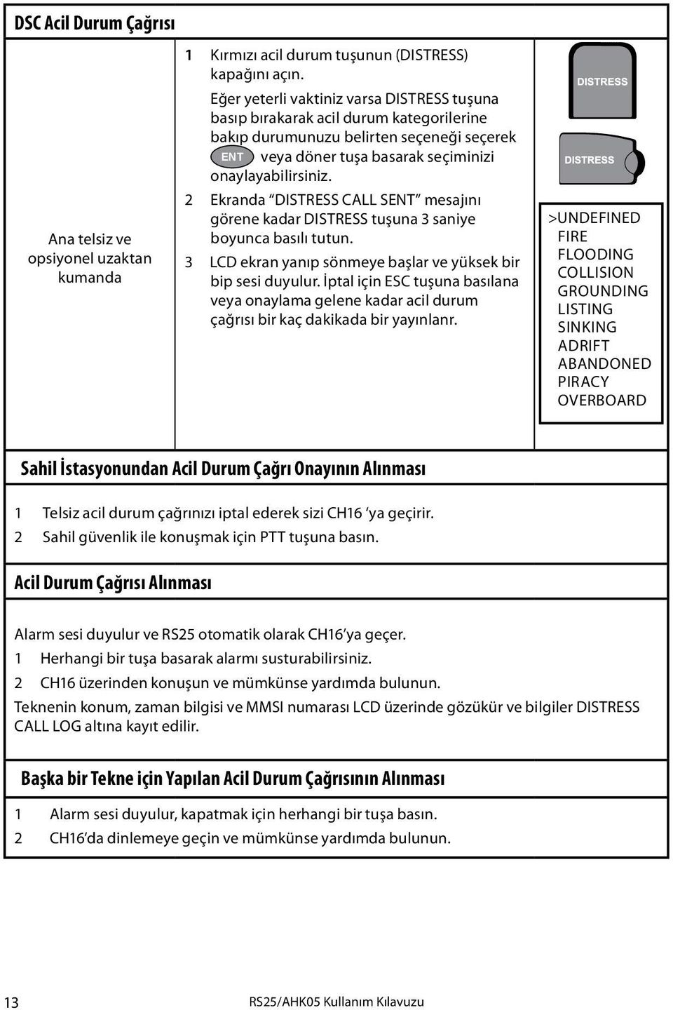 2 Ekranda DISTRESS SENT mesajını görene kadar DISTRESS tuşuna 3 saniye boyunca basılı tutun. 3 LCD ekran yanıp sönmeye başlar ve yüksek bir bip sesi duyulur.