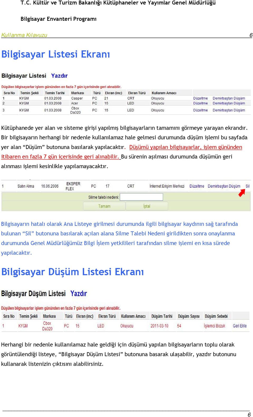 Düşümü yapılan bilgisayarlar, işlem gününden itibaren en fazla 7 gün içerisinde geri alınabilir. Bu sürenin aşılması durumunda düşümün geri alınması işlemi kesinlikle yapılamayacaktır.