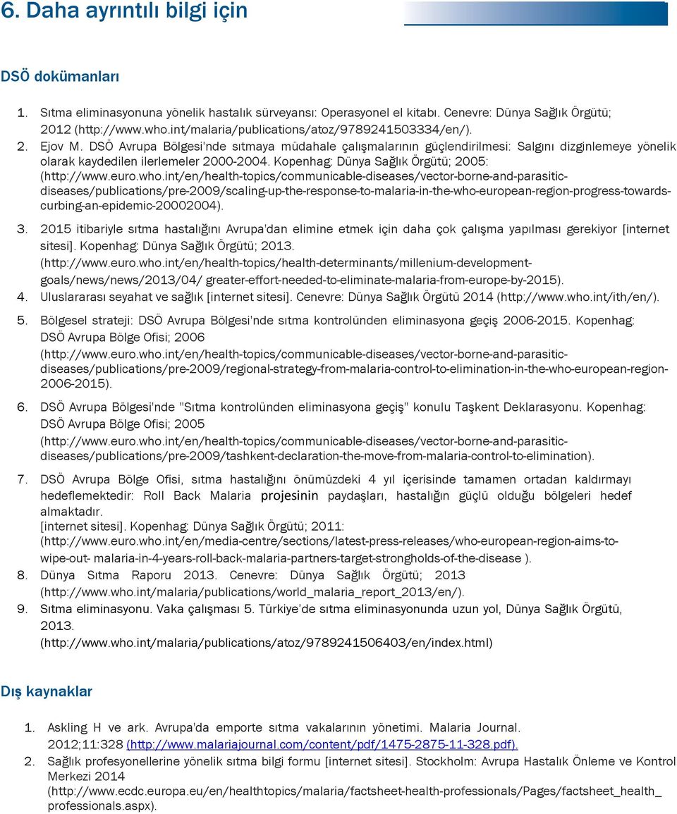 DSÖ Avrupa Bölgesi'nde sıtmaya müdahale çalışmalarının güçlendirilmesi: Salgını dizginlemeye yönelik olarak kaydedilen ilerlemeler 2000-2004. Kopenhag: Dünya Sağlık Örgütü; 2005: (http://www.euro.who.