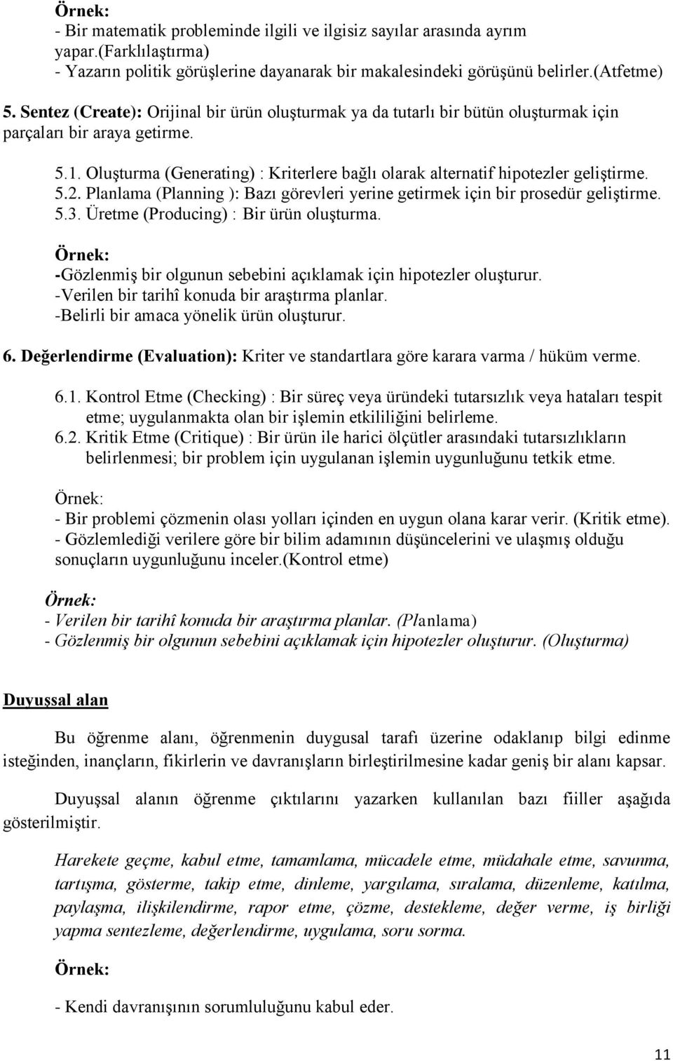 Oluşturma (Generating) : Kriterlere bağlı olarak alternatif hipotezler geliştirme. 5.2. Planlama (Planning ): Bazı görevleri yerine getirmek için bir prosedür geliştirme. 5.3.