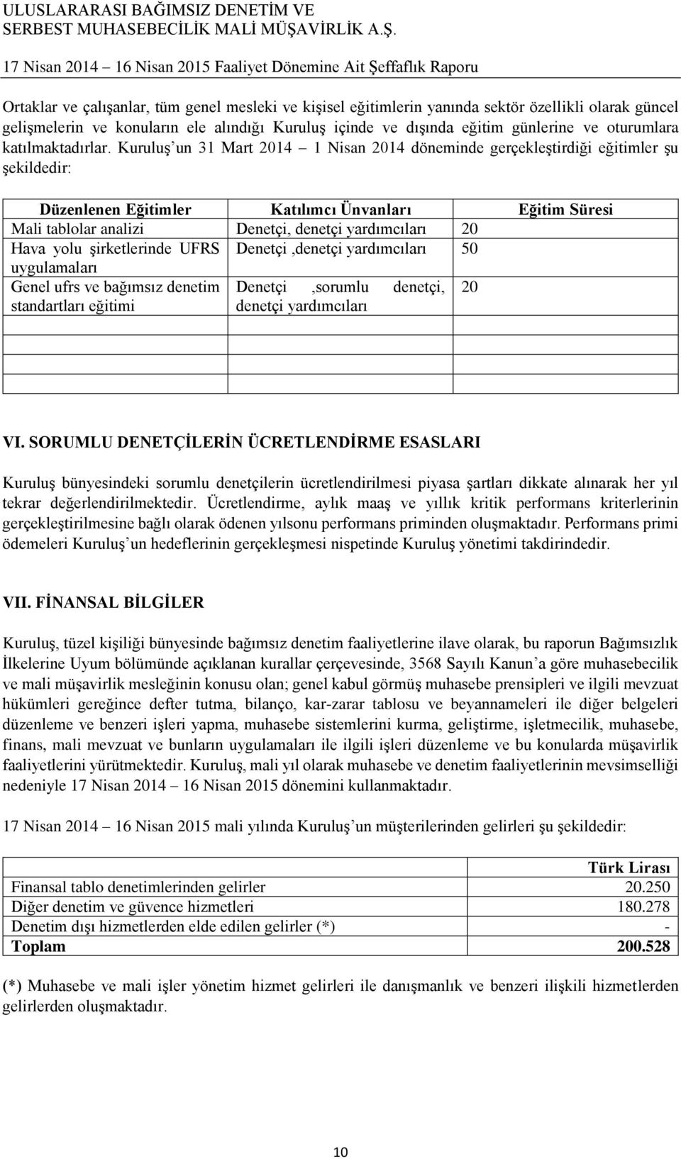 Kuruluş un 31 Mart 2014 1 Nisan 2014 döneminde gerçekleştirdiği eğitimler şu şekildedir: Düzenlenen Eğitimler Katılımcı Ünvanları Eğitim Süresi Mali tablolar analizi Denetçi, denetçi yardımcıları 20