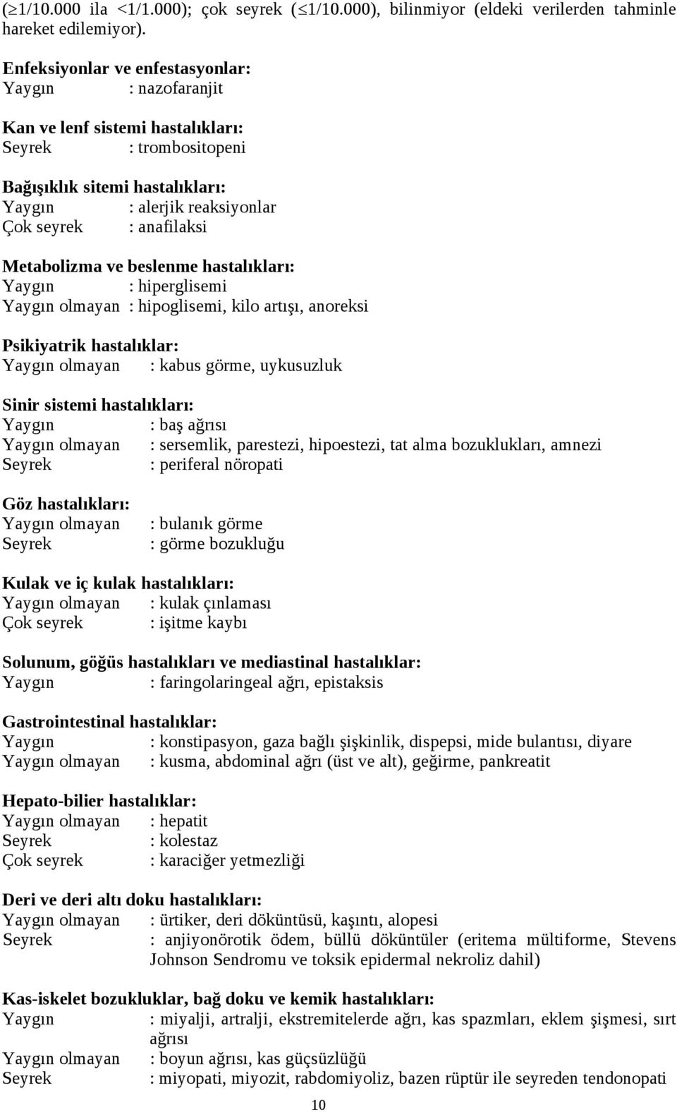 Metabolizma ve beslenme hastalıkları: Yaygın : hiperglisemi Yaygın olmayan : hipoglisemi, kilo artışı, anoreksi Psikiyatrik hastalıklar: Yaygın olmayan : kabus görme, uykusuzluk Sinir sistemi