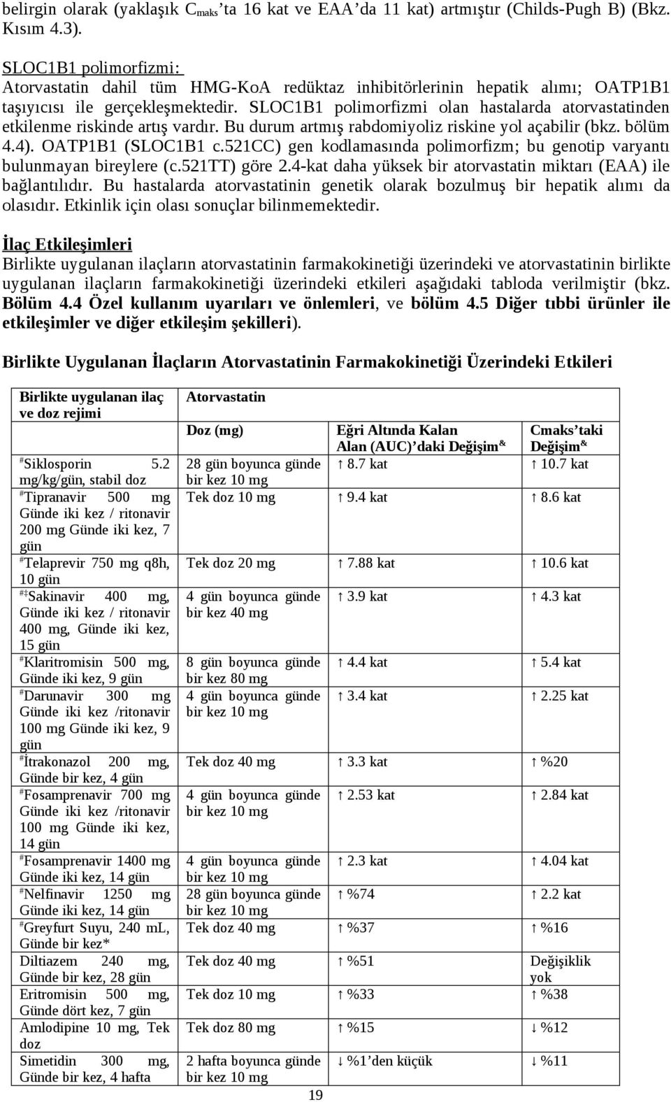 SLOC1B1 polimorfizmi olan hastalarda atorvastatinden etkilenme riskinde artış vardır. Bu durum artmış rabdomiyoliz riskine yol açabilir (bkz. bölüm 4.4). OATP1B1 (SLOC1B1 c.