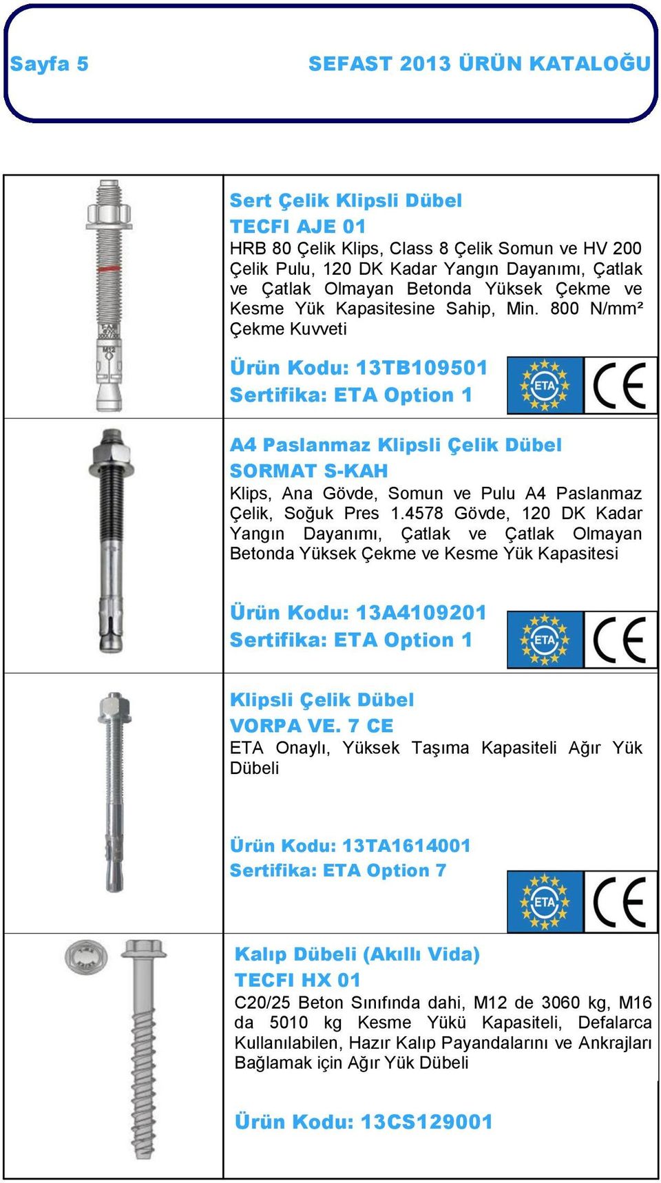 800 N/mm² Çekme Kuvveti Ürün Kodu: 13TB109501 Sertifika: ETA Option 1 A4 Paslanmaz Klipsli Çelik Dübel SORMAT S-KAH Klips, Ana Gövde, Somun ve Pulu A4 Paslanmaz Çelik, Soğuk Pres 1.