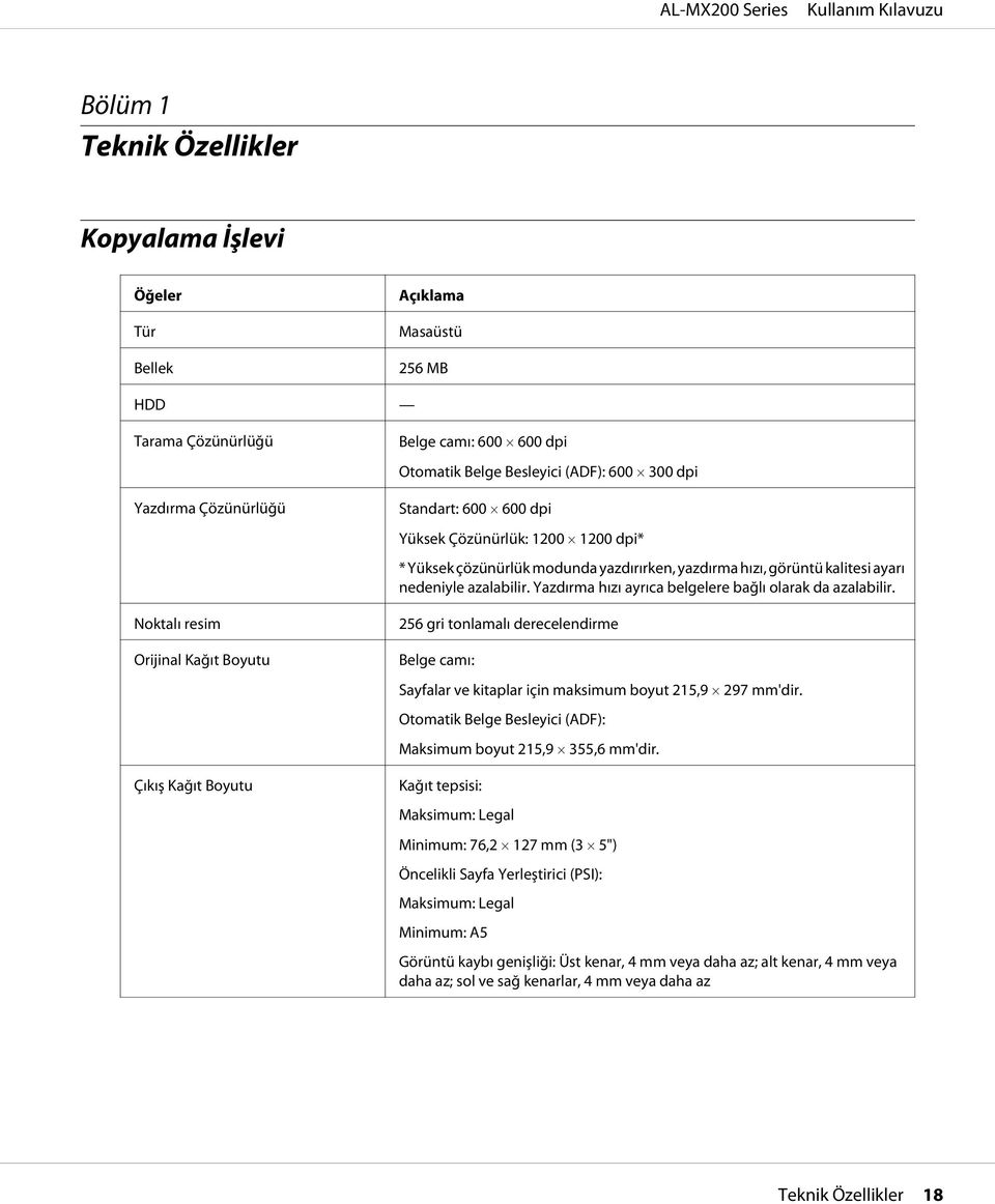 nedeniyle azalabilir. Yazdırma hızı ayrıca belgelere bağlı olarak da azalabilir. 256 gri tonlamalı derecelendirme Belge camı: Sayfalar ve kitaplar için maksimum boyut 215,9 297 mm'dir.