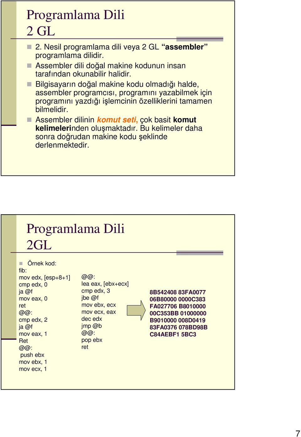 Assembler dilinin komut seti, çok basit komut kelimelerinden oluşmaktadır. Bu kelimeler daha sonra doğrudan makine kodu şeklinde derlenmektedir.