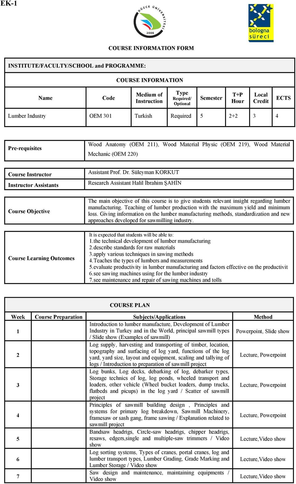 Learning Outcomes Assistant Prof. Dr. Süleyman KORKUT Research Assistant Halil İbrahim ŞAHİN The main objective of this course is to give students relevant insight regarding lumber manufacturing.