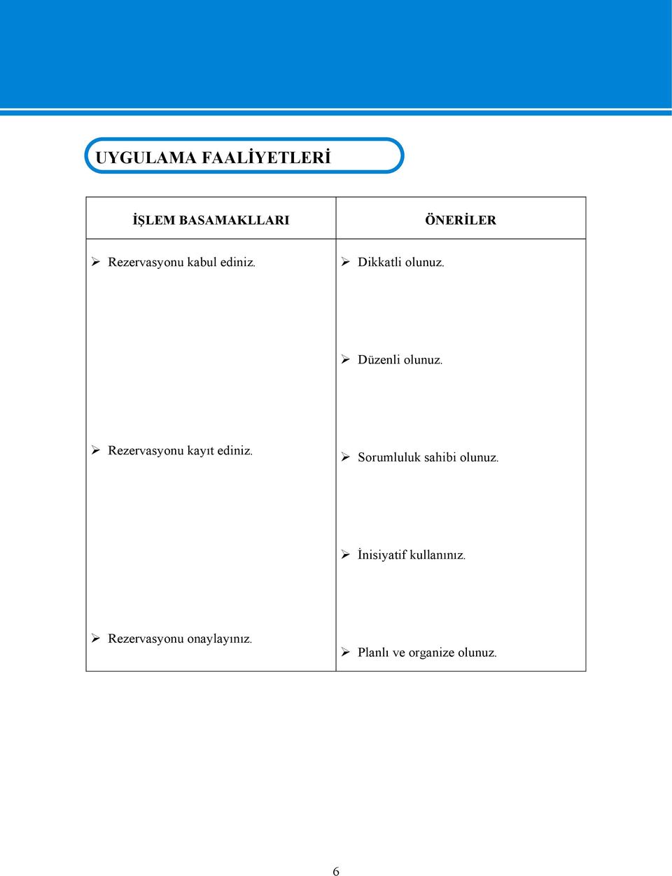 Düzenli olunuz. Rezervasyonu kayıt ediniz.