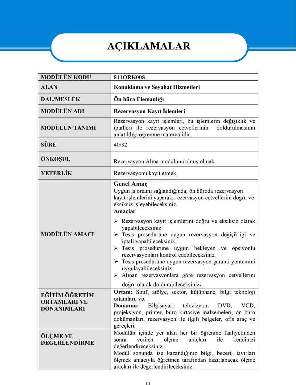 ÖNKOŞUL YETERLİK MODÜLÜN AMACI EĞİTİM ÖĞRETİM ORTAMLARI VE DONANIMLARI ÖLÇME VE DEĞERLENDİRME Rezervasyon Alma modülünü almış olmak. Rezervasyonu kayıt etmek.